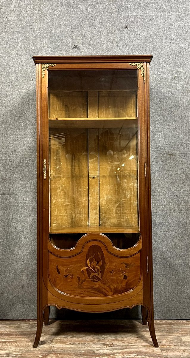 École de Nancy d'après Majorelle : superbe vitrine aux iris époque Art Nouveau fin XIXeme