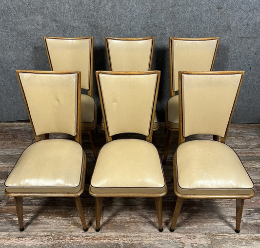 Série de 6 chaises vintage des années 1970 en bois clair
